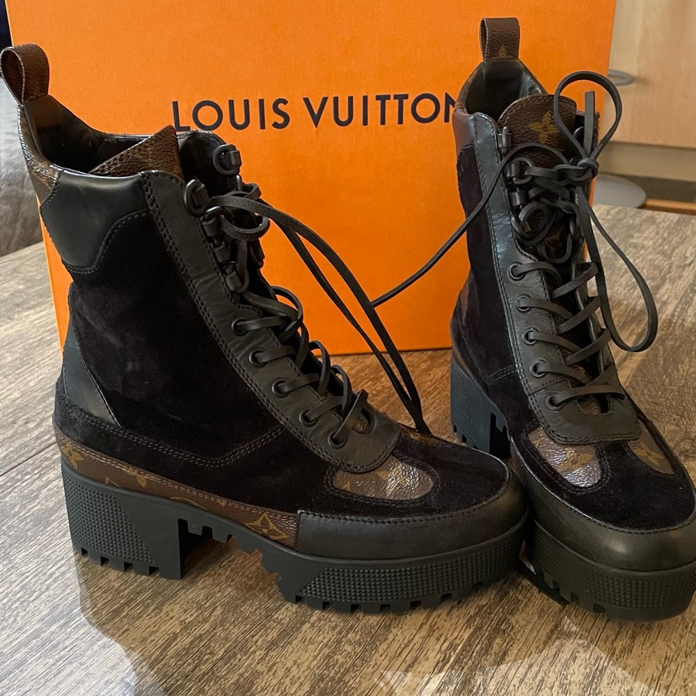 Louis Vuitton Black and Brown Lace-Up Combat Boots